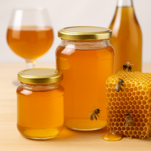 Frascos de miel pura junto a un panal con abejas y copas de hidromiel