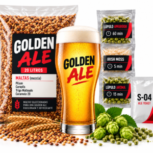 Para la imagen principal de la Golden Ale en WooCommerce, lo dejaría así, pensando también en SEO: Texto alternativo (ALT): Kit de insumos para elaborar cerveza artesanal Golden Ale con maltas, lúpulos y levadura S-04