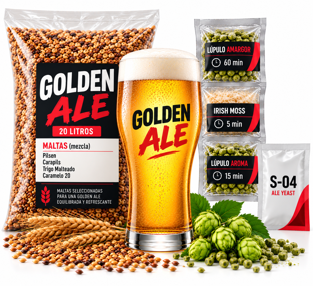 Kit Cerveza Artesanal Golden Ale – Insumos para Elaboración Para la imagen principal de la Golden Ale en WooCommerce, lo dejaría así, pensando también en SEO: Texto alternativo (ALT): Kit de insumos para elaborar cerveza artesanal Golden Ale con maltas, lúpulos y levadura S-04