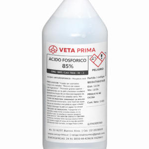 Botella de ácido fosfórico 85% Veta Prima sobre mesada de acero inoxidable con probeta, pHmetro y buffers, para uso en cervecería artesanal