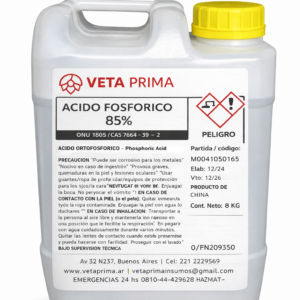 Botella de ácido fosfórico 85% Veta Prima sobre mesada de acero inoxidable con probeta, pHmetro y buffers, para uso en cervecería artesanal