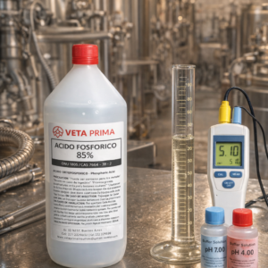 Botella de ácido fosfórico 85% Veta Prima sobre mesada de acero inoxidable con probeta, pHmetro y buffers, para uso en cervecería artesanal