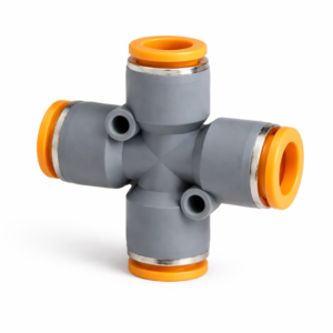 Racor cruz conector rápido 4 vías para mangueras de 8mm y 10mm usado en choperas, sistemas de cerveza y conexiones de CO2