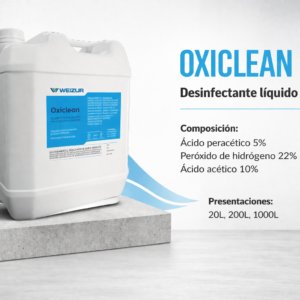 Desinfectante industrial Oxiclean 5 con ácido peracético para sanitización en industria alimenticia y sistemas CIP 20lt