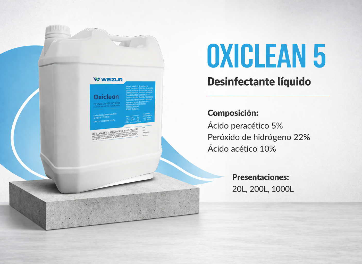 Oxiclean 5 desinfectante industrial ácido peracético 1lt 20lt Desinfectante industrial Oxiclean 5 con ácido peracético para sanitización en industria alimenticia y sistemas CIP 20lt