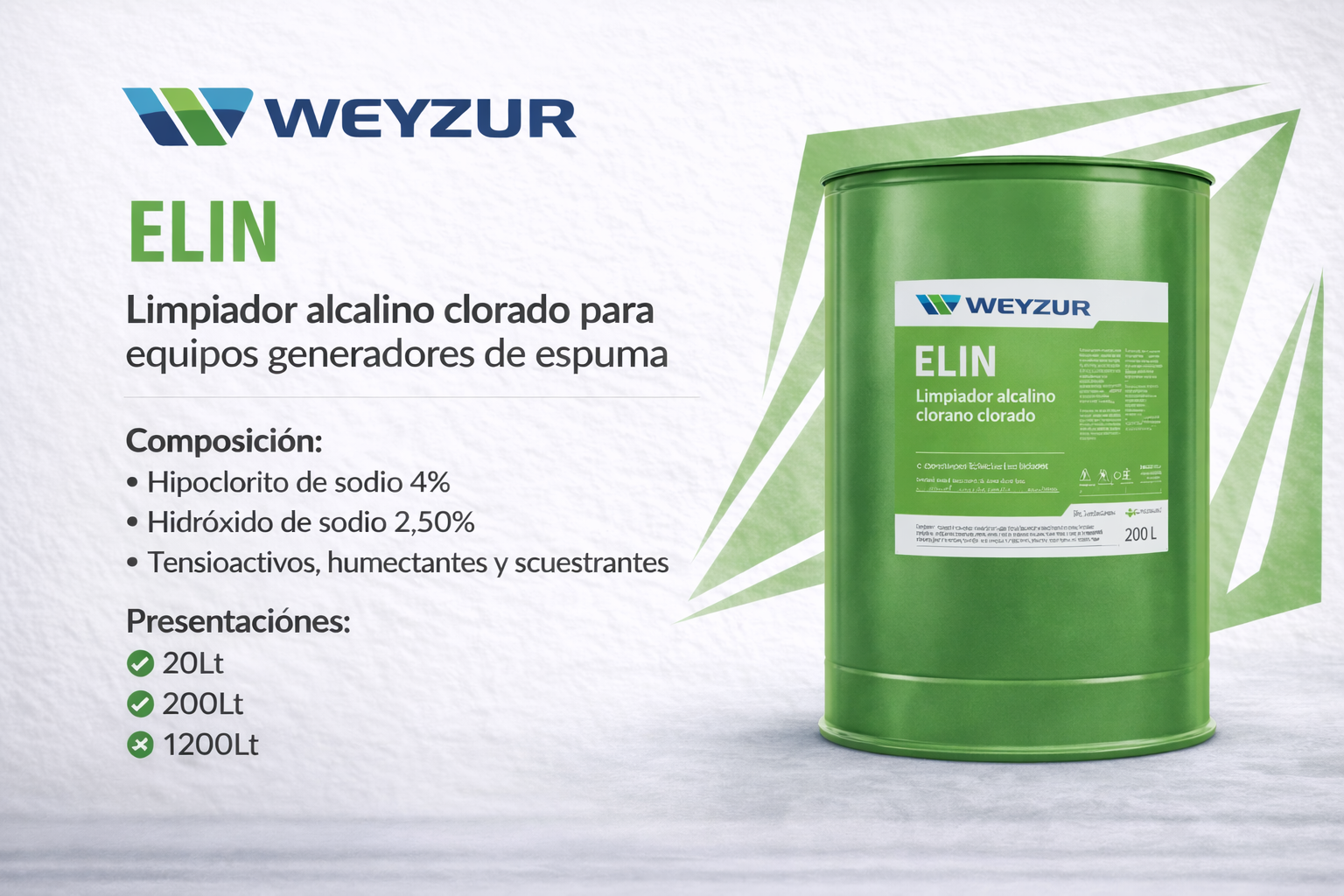 Elin limpiador alcalino clorado 200lt Limpiador alcalino clorado Elin industrial espuma activa desinfección 200lt