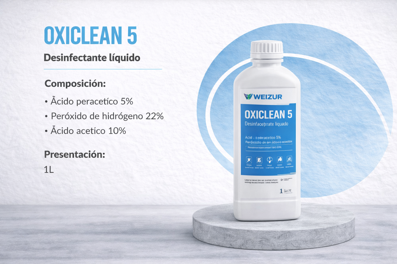 Oxiclean 5 desinfectante industrial ácido peracético 1lt Desinfectante industrial Oxiclean 5 con ácido peracético para sanitización en industria alimenticia y sistemas CIP lt