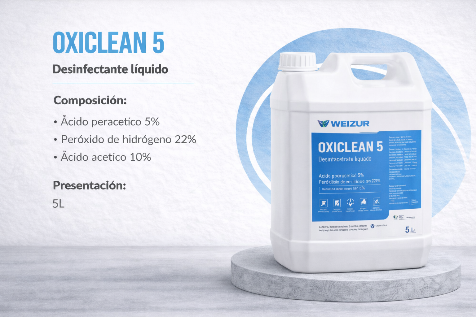 Oxiclean 5 desinfectante industrial ácido peracético 5lt Desinfectante industrial Oxiclean 5 con ácido peracético para sanitización en industria alimenticia y sistemas CIP 5lt