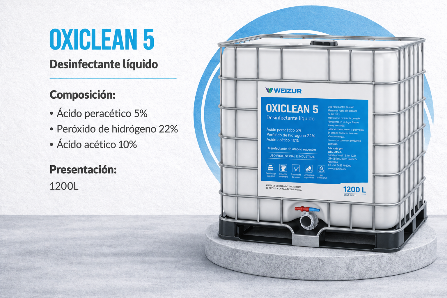 Oxiclean 5 desinfectante industrial ácido peracético 1200lt Desinfectante industrial Oxiclean 5 con ácido peracético para sanitización en industria alimenticia y sistemas CIP 1200lt