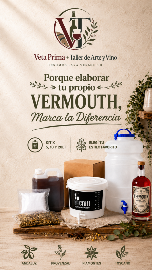 Kit para elaborar vermouth artesanal con macerador, bidón de 20 litros, vino base, botánicos, bolsa filtrante y botella de vermouth rojo.