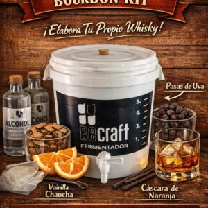 Kit de insumos para elaborar whisky Bourbon artesanal con alcohol, roble americano, cáscara de naranja y balde macerador con canilla, filtro y tapón.