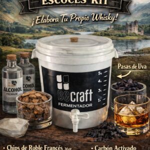 Kit de insumos para elaborar whisky escocés artesanal con alcohol, roble, carbón activado, humo en polvo, pasas de uva y balde macerador.