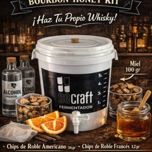 Kit de insumos para elaborar Honey Bourbon artesanal con alcohol, roble americano, cáscara de naranja, miel y balde macerador con canilla, filtro y tapón.