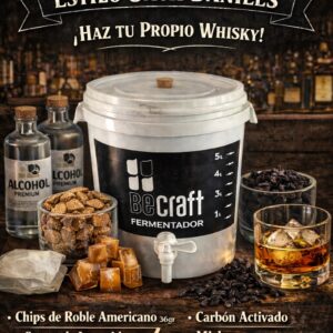 Kit de insumos para elaborar whisky artesanal estilo Jack Daniel’s con alcohol, roble americano, carbón activado, cáscara de naranja y balde macerador con canilla, filtro y tapón.